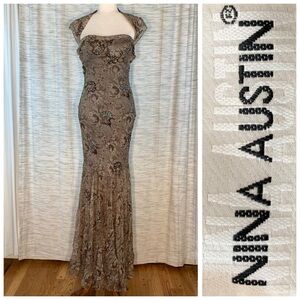 Nina Austin brown and tan floral evening gown.